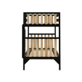 Black metal bunk bed frame with natural wooden slats, modern twin-over-twin design, front view, mattress support