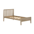 Natural oak wooden platform bed frame with vertical slatted headboard and wooden slats, minimalist modern bedroom furniture