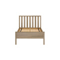 Minimalist wooden bed frame with vertical slatted headboard and slatted platform base in natural oak finish
