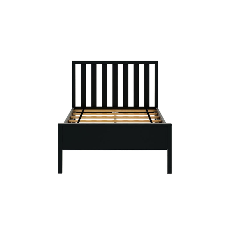 Modern black wooden bed frame with slatted headboard and sturdy base structure.