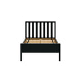 Modern black wooden platform bed frame with vertical slatted headboard and exposed wooden support slats on white background