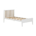 White wooden platform bed frame with natural wood slatted headboard and exposed wooden slats, minimalist modern bedroom furniture