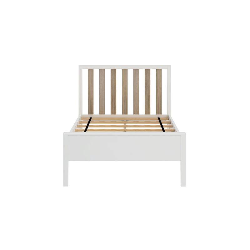 Stylish white wood modern bed frame with slatted headboard.