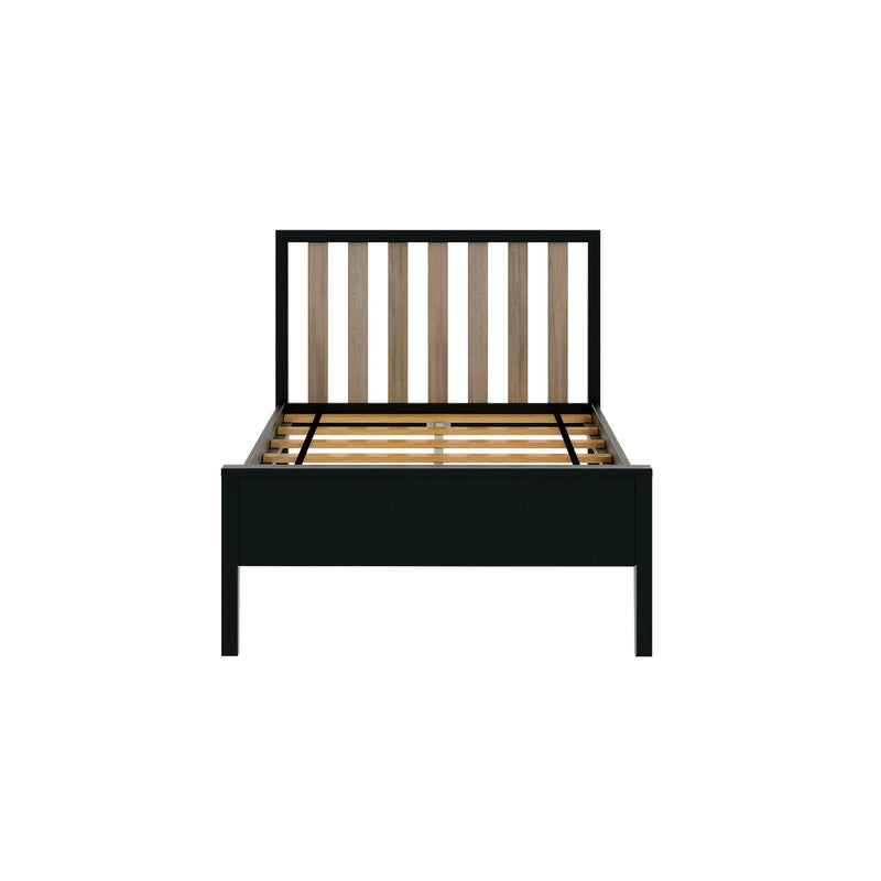 Minimalist black and wood platform bed with slatted headboard.