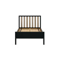 Modern black platform bed frame with vertical wooden slatted headboard and wooden mattress slats