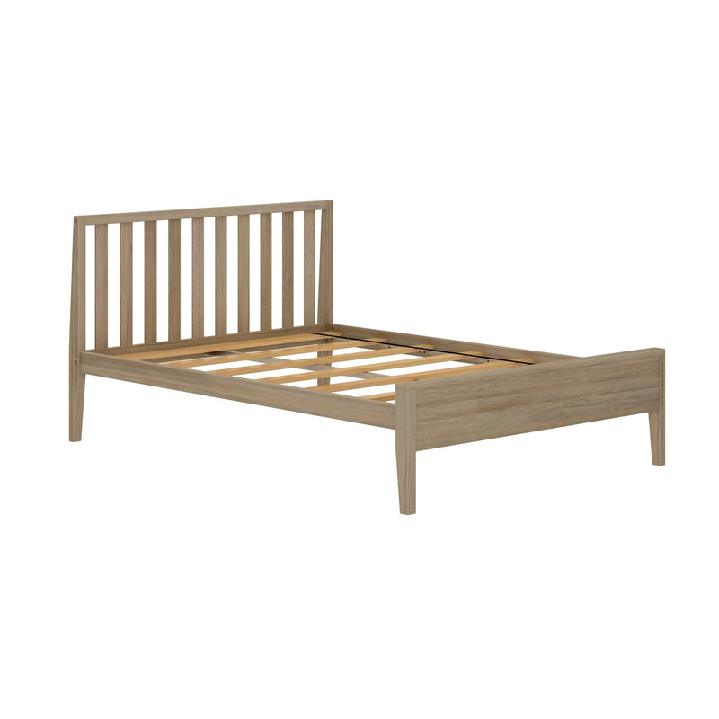 Wooden slatted bed frame in natural finish, queen size, modern bedroom furniture.