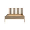 Natural oak wooden platform bed frame with vertical slatted headboard and exposed slatted mattress base