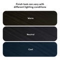 Wood finish color variation under different lighting conditions: three rounded sample swatches labeled Warm, Neutral, and Cool showing how finish appearance shifts.