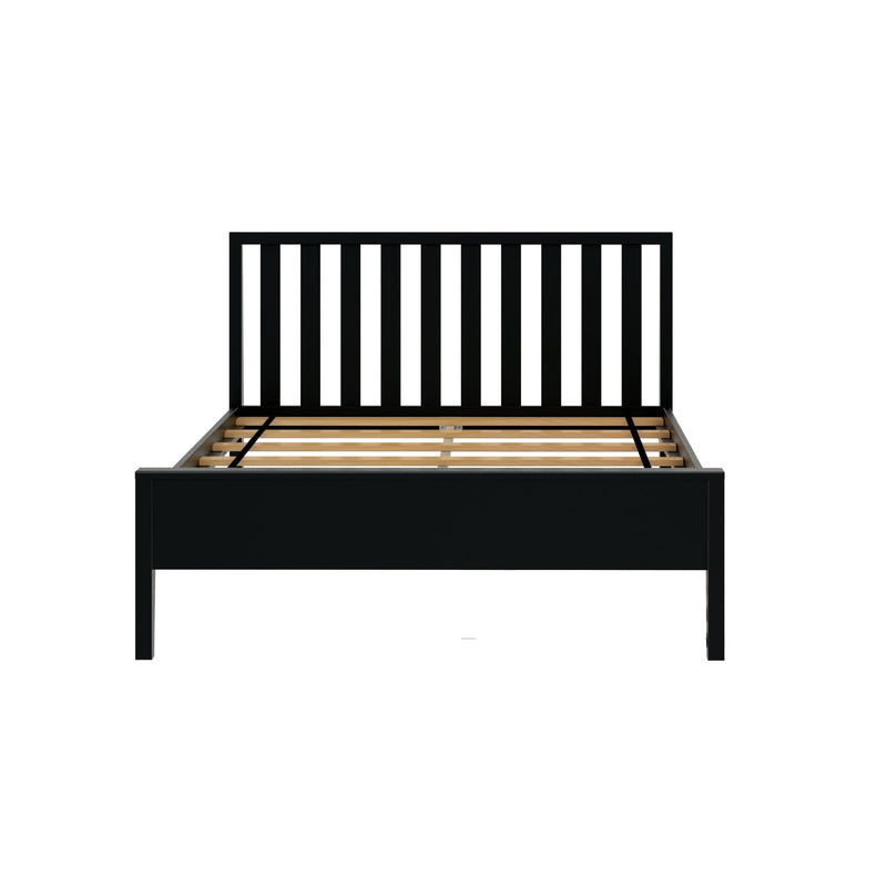 Black wooden platform bed frame with vertical slatted headboard and exposed wooden mattress slats, minimalist bedroom furniture