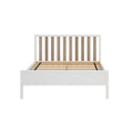 Modern white wooden platform bed frame with vertical natural wood slatted headboard and wooden slat mattress support
