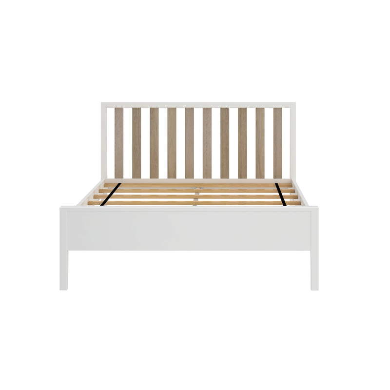 Modern white wooden platform bed frame with vertical natural wood slatted headboard and wooden slat mattress support