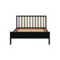 Modern black metal platform bed frame with vertical wooden slat headboard and wooden slat mattress support, minimalist bedroom furniture