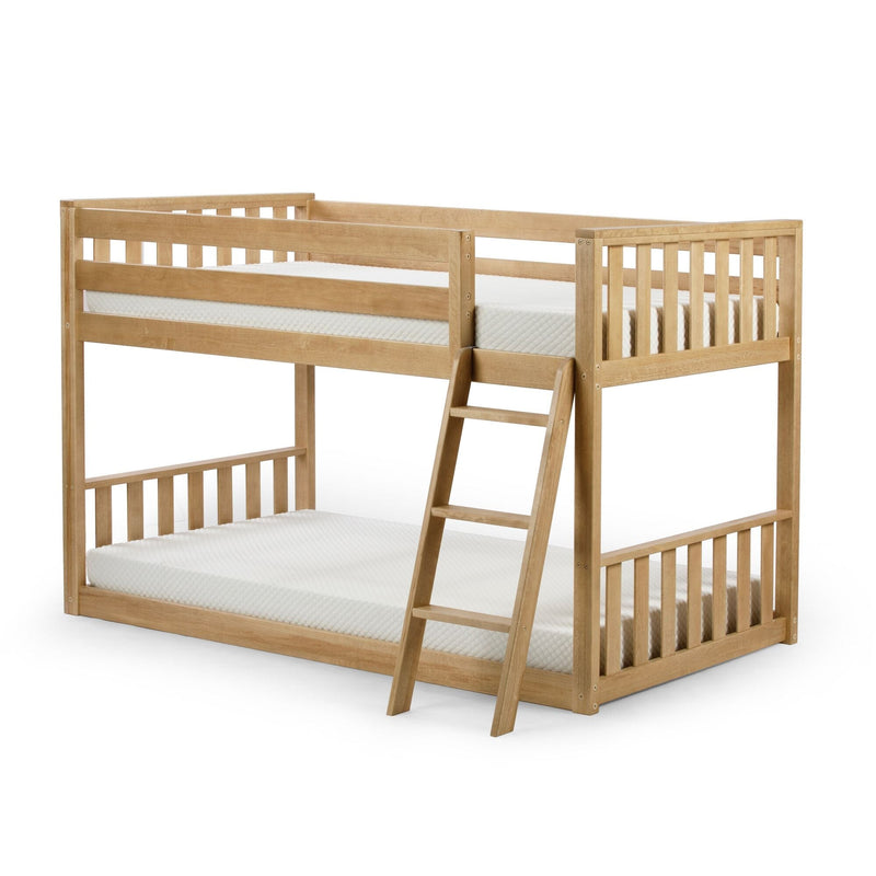 Natural wood bunk bed with angled ladder and slatted guardrails, white mattresses on a space-saving solid wood frame — ideal kids' bunk bed for small bedrooms