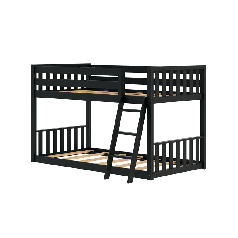 Black metal twin bunk bed with ladder for kids' bedroom.