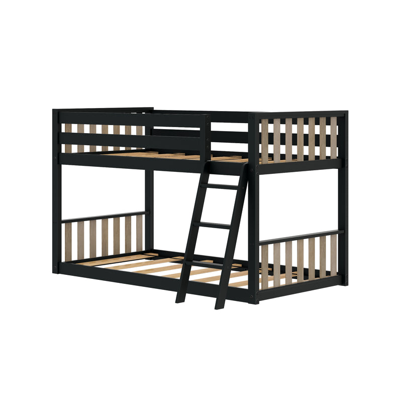 Black metal bunk bed with ladder and wooden slats.