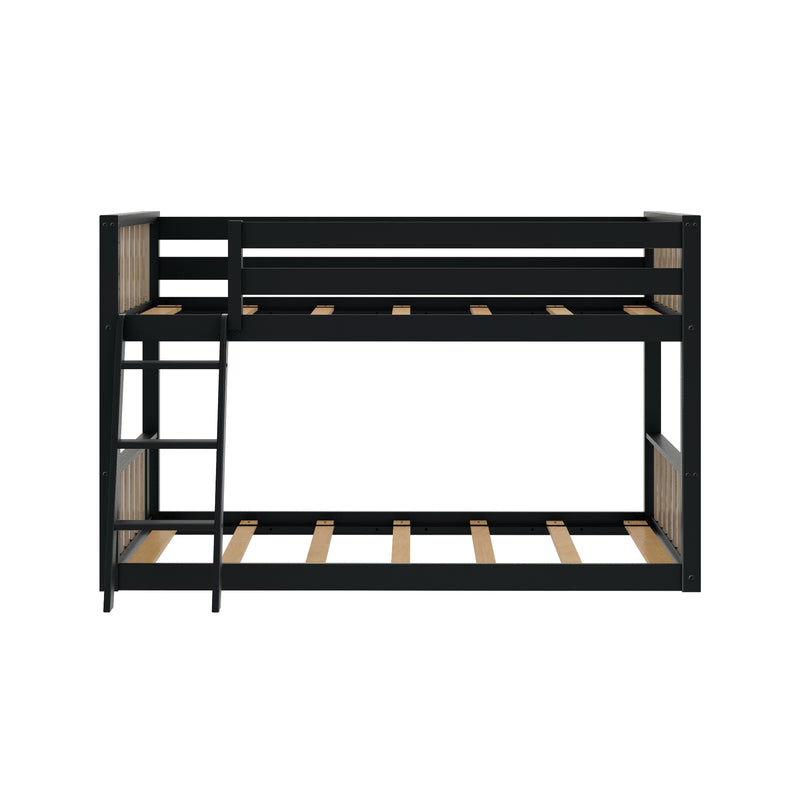 Black metal bunk bed frame with ladder and wooden slats for mattresses, ideal for saving space in kids' bedrooms.