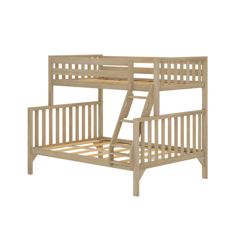 Wooden twin over full bunk bed with safety ladder and guardrails.