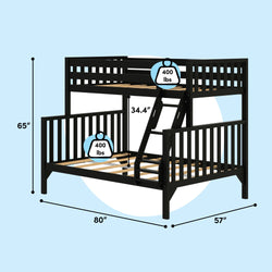 Black wooden twin-over-full bunk bed with ladder and guardrails, slatted support, 400 lb capacity per bed; 80 in L × 57 in W × 65 in H, 34.4 in lower clearance