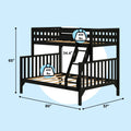 Black wooden twin-over-full loft bunk bed with ladder and slatted guardrails, 400 lb weight capacity, 80″ x 57″ x 65″ dimensions on light blue background