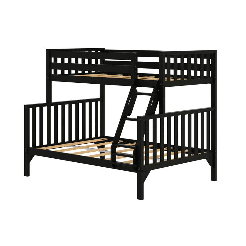 Black wooden twin-over-full bunk bed with slatted guardrails and angled ladder on white background — space-saving kids' bedroom furniture