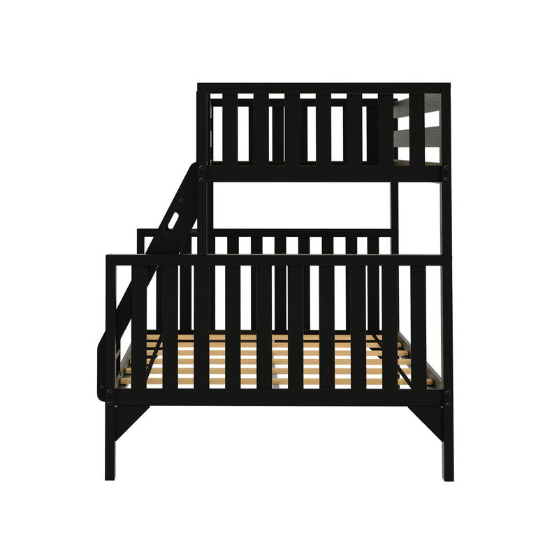 Black wooden twin-over-twin bunk bed with slatted guardrails, angled ladder, and slatted mattress supports — modern space-saving kids' bedroom furniture