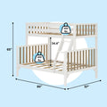 White wooden twin-over-full loft bunk bed for kids with ladder, slatted natural-wood guardrails and 400 lb weight capacity, shown with dimensions 80″ L × 57″ W × 65″ H