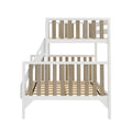Modern white wooden loft bunk bed with natural wood vertical slat guardrails, integrated staircase and slatted mattress supports — space‑saving children's bed