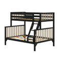 Black wooden bunk bed frame with natural wood slats, built-in ladder and guardrails, twin-over-full platform design for kids' bedroom