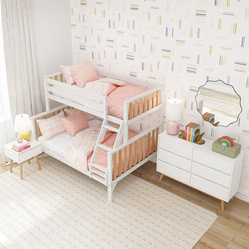 Stylish white wooden bunk bed with pink bedding in a modern kids' bedroom setup.