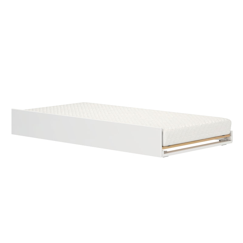 White wooden trundle bed frame with mattress for space-saving bedroom solutions.
