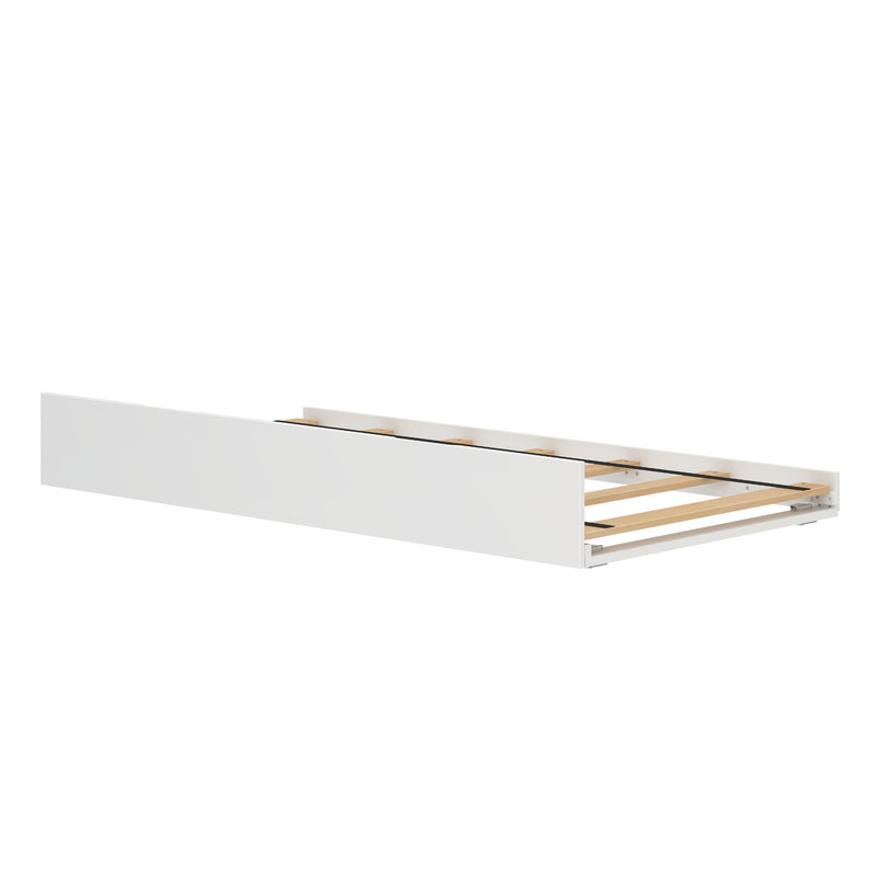 White trundle bed frame with wooden slats for under-bed storage.