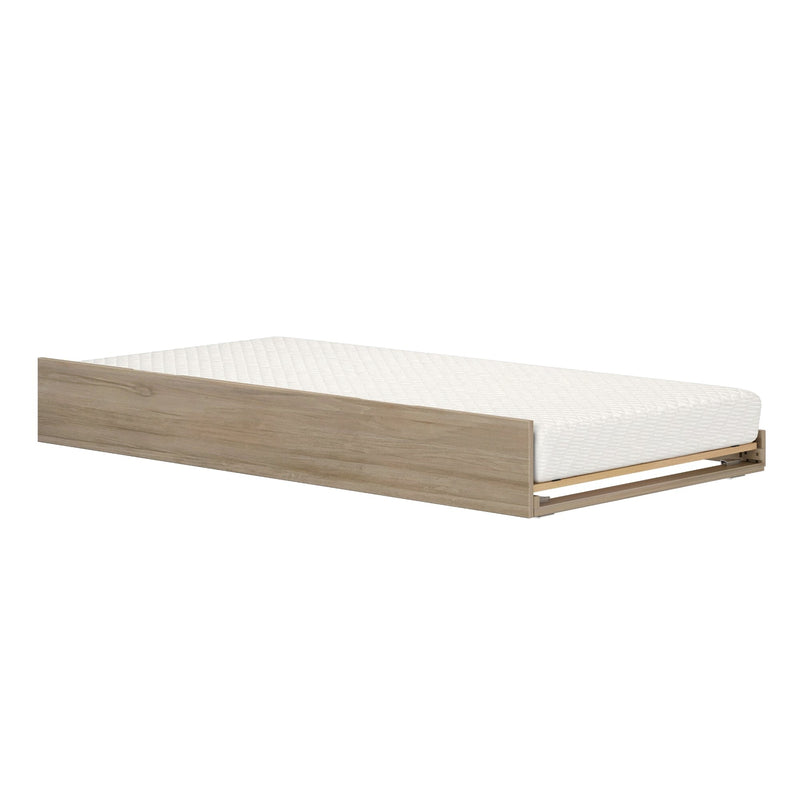 Light oak pull-out trundle bed frame with white quilted mattress, space-saving platform base for twin bedroom