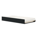 Black pull-out trundle bed frame with white quilted mattress, twin-size space-saving platform bed ideal for small bedrooms and guest rooms