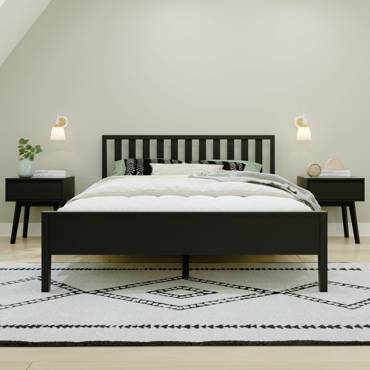 210312-170 : Kids Beds Scandinavian Queen-Size Bed with Slatted Headboard, Black