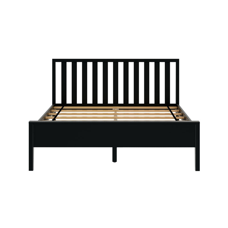 Black wooden platform bed frame with vertical slat headboard.