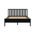 Black wooden platform bed frame with vertical slatted headboard and wooden slats, modern minimalist bedroom furniture
