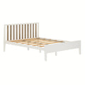White wooden platform bed frame with natural wood slatted headboard and exposed wooden slats, modern farmhouse design