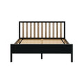 Modern black platform bed frame with light wood vertical slatted headboard and wooden slat mattress support, minimalist bedroom furniture