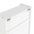 Close-up of white dresser drawer sliding roller hardware and metal fasteners on a white laminate cabinet edge