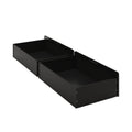Set of three black stackable plastic storage bins, modular open-top organizer drawers for workshop, garage or office shelving