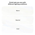 Graphic of three swatches labeled Warm, Neutral, Cool with caption "Finish look can vary with different lighting conditions" showing how lighting temperature affects paint finish appearance