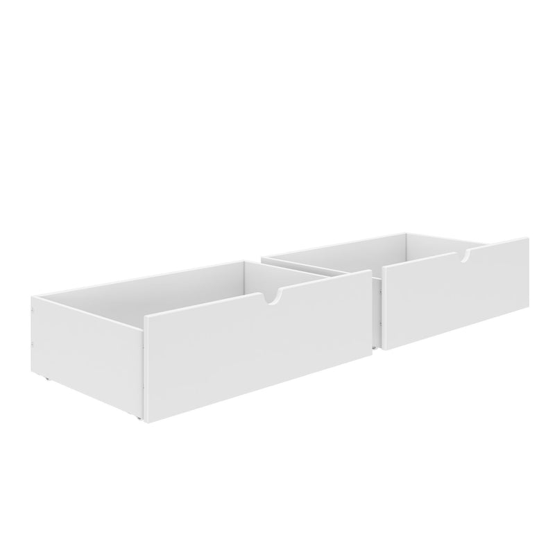 White under-bed storage drawers for bedroom organization.