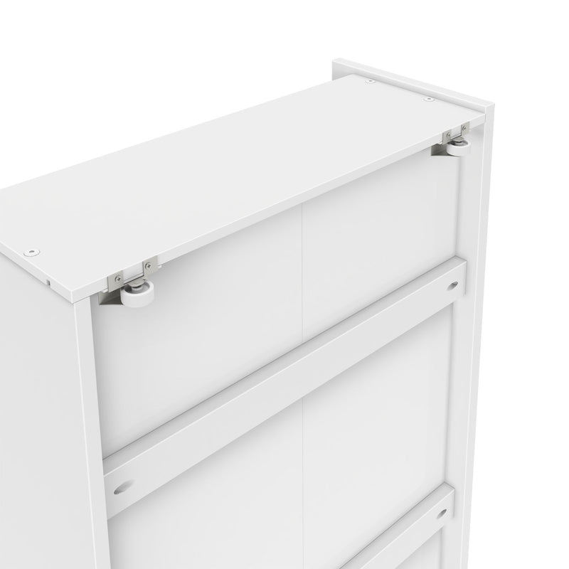 White metal shelf with adjustable hinges and shelving supports.