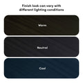 Wood finish color swatches showing finish variations under different lighting conditions labeled "Warm," "Neutral," and "Cool" for product finish comparison