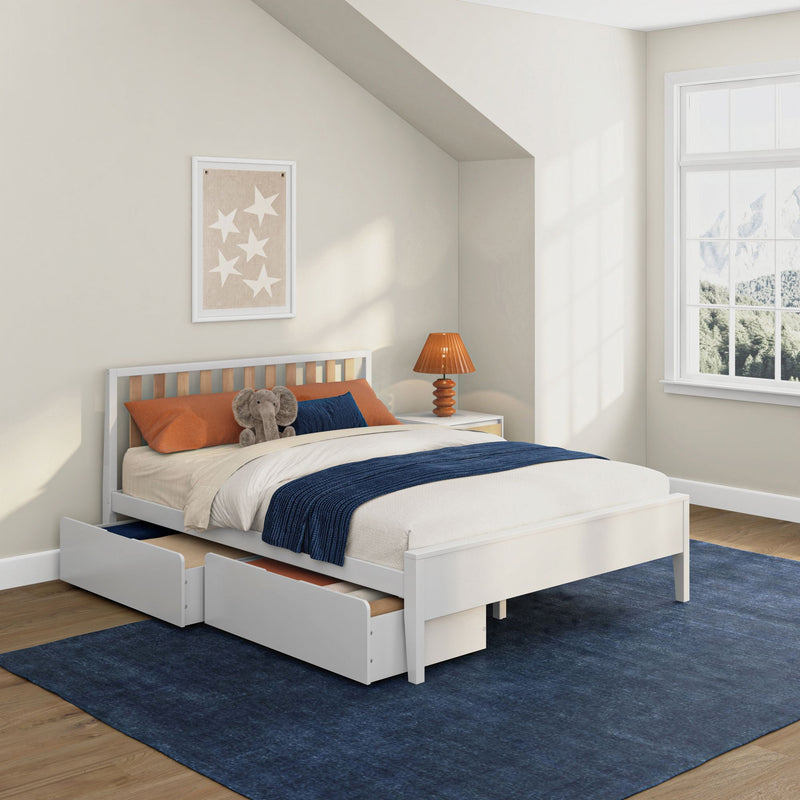 White wooden kids bed with under-bed storage drawers, navy throw blanket, orange pillows and stuffed elephant in bright modern nursery with star wall art and mountain-view window
