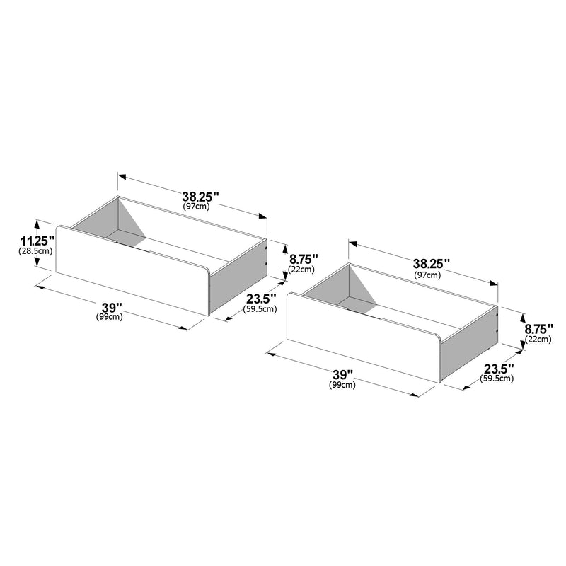 Underbed storage drawer dimensions diagram showing two drawer boxes with measurements 39" (99 cm) length × 23.5" (59.5 cm) depth × 8.75" (22 cm) height and 11.25" (28.5 cm) front panel height — technical assembly drawing for bed storage