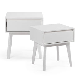 Pair of white mid-century modern bedside tables (nightstands) with single drawer and angled legs, minimalist bedroom storage