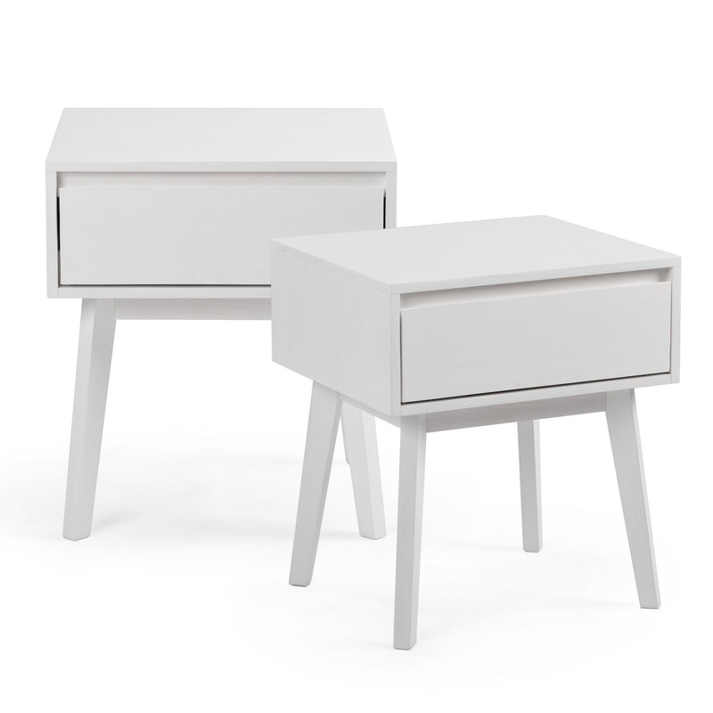Pair of white mid-century modern bedside tables (nightstands) with single drawer and angled legs, minimalist bedroom storage