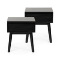 Black mid-century modern nightstand set — two wooden bedside tables with single drawer and tapered legs, minimalist bedroom storage