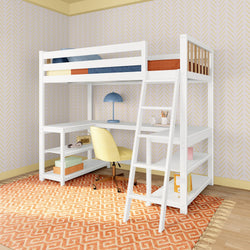 White loft bed with ladder and built-in desk in a modern bedroom setup with patterned wallpaper and rug.